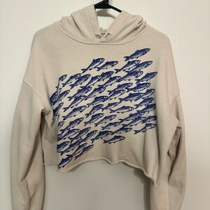 Printshop Northwest Cropped Cream Hoodie with Salmon school design, medium